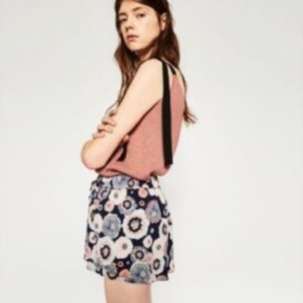 Zara Trafaluc Blue Retro Floral Print Skort Shorts